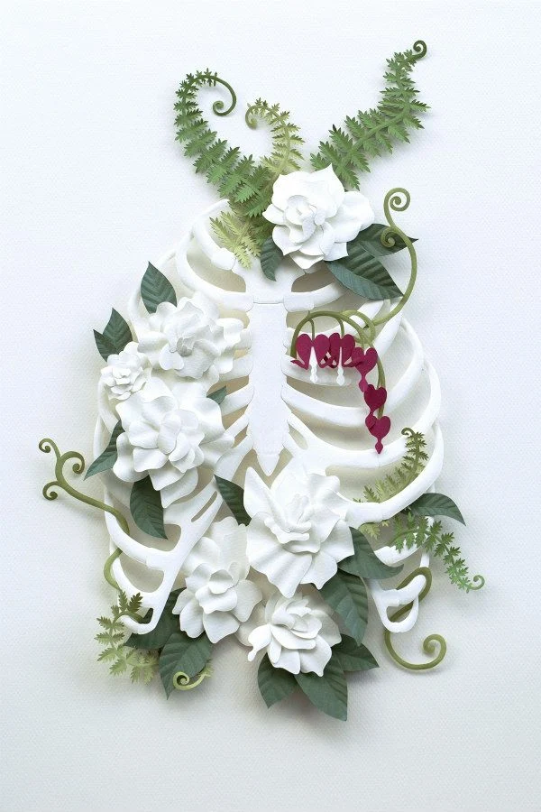 green, white, and red paper sculpture with rib cage, bleeding heart flowers, and fern foliage