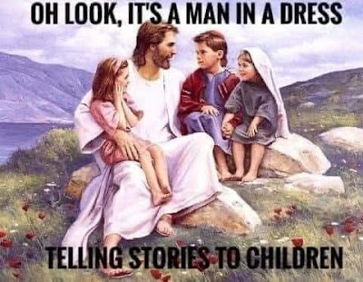 Jesus in a dress telling stories to children - DRAG QUEENS FORBIDDEN meme