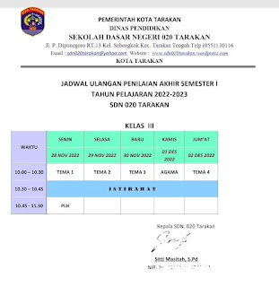 Jadwal Ulangan PAS I Kelas III SDN 020 Tarakan