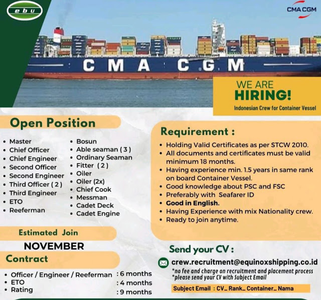 Lowongan Kerja Kapal CMA CGM Container Vessel Join November