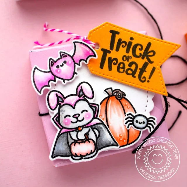 Sunny Studio Stamps: Too Cute To Spook Treat Box by Vanessa Menhorn (featuring Fancy Frame Square Dies, Scalloped Circle Mat Dies, Scalloped Tag Square Dies, Window Quad Square Dies)