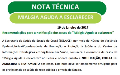 Ceará : sobe para cinco os casos suspeitos de Mialgia Aguda com mioglobinúria a esclarecer - Idiopática