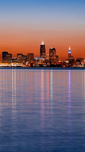 Sea, City, Buildings, Sunset, Lights, Reflection