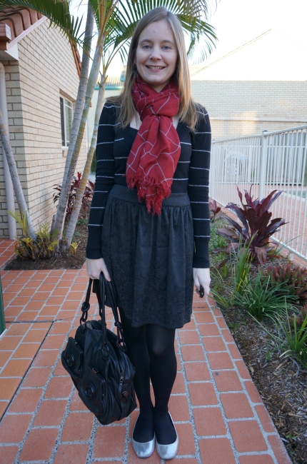 Away From Blue daily outfit black stripe knit burgundy scarf jacquard skirt silver flats