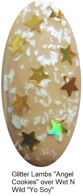 Glitter Lambs Angel Cookies over Wet N Wild Yo Soy Custom Handmade Indie Lacquer Cool Cute Unique Gold holographic Stars white shreds