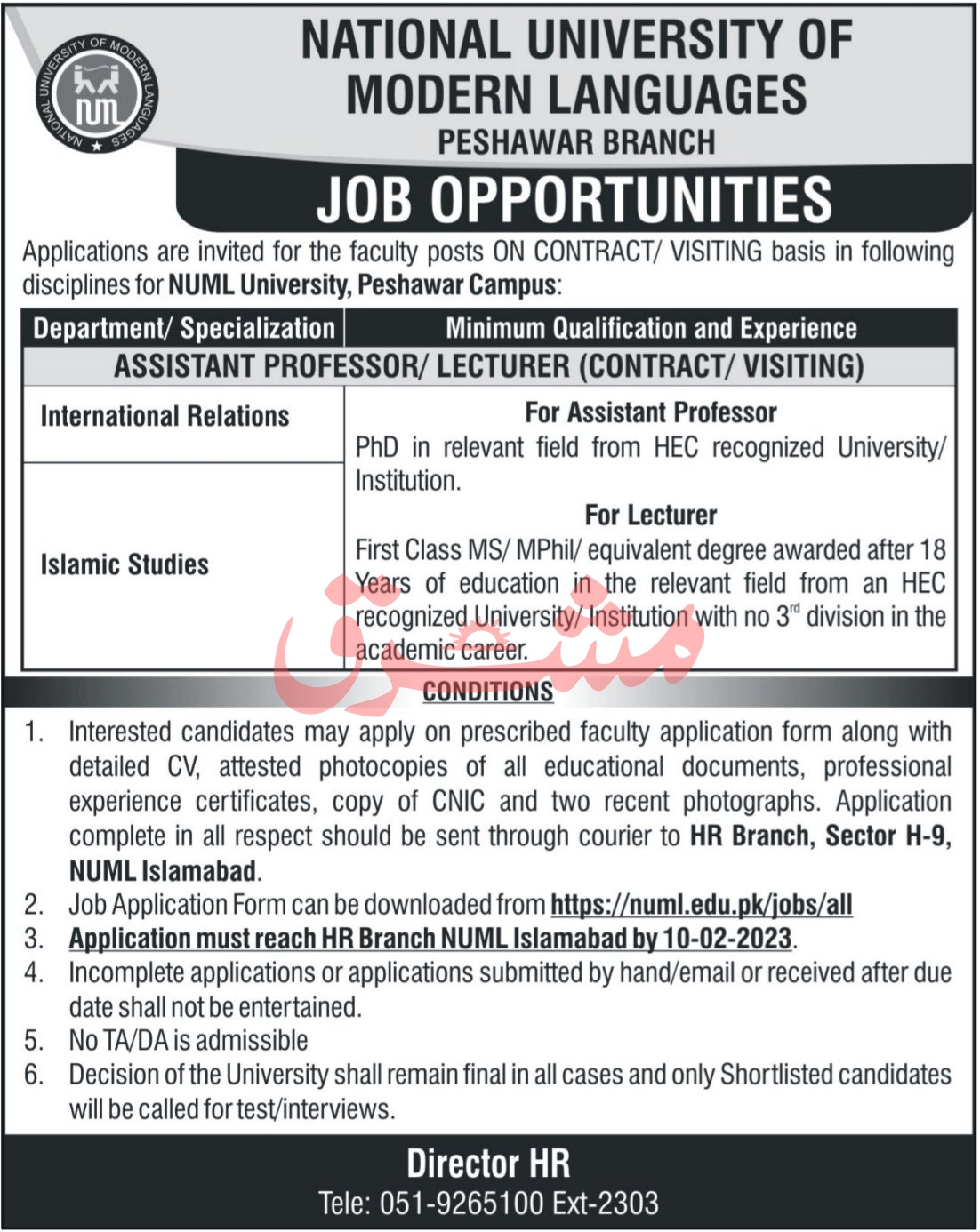 Latest National University of Modern Languages NUML Education Posts Peshawar 2023