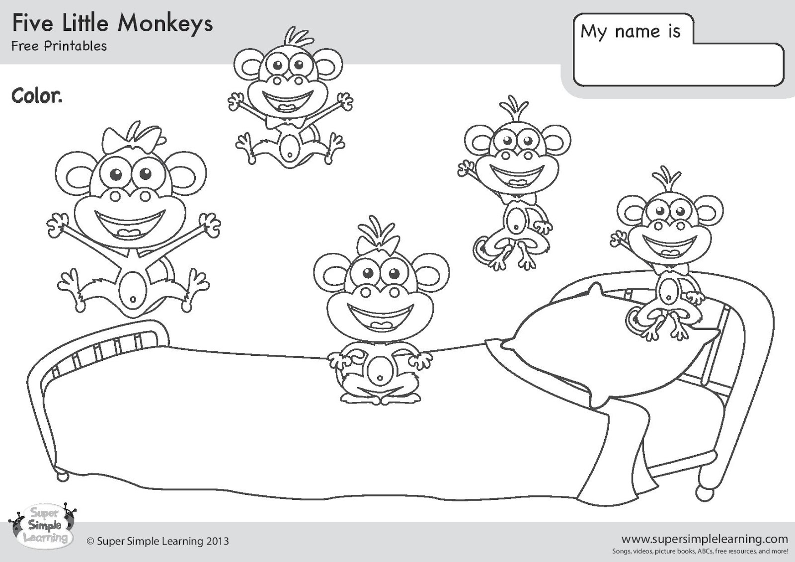 Printable 5 Little Monkeys Coloring Pages English class imprimir