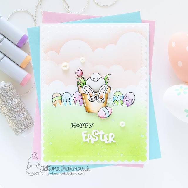 Hoppy Easter Card by Tatiana Trafimovich | Bunny Hop Stamp Set, Frames & Flags Die Set, Land Borders Die Set, Clouds Stencil and Spring Pile Up Die Set by Newton's Nook Designs #newtonsnook #handmade