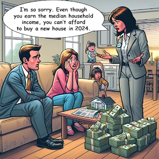 An editorial cartoon of a young family realizing they cannot afford a new house with a real estate agent. Image generated by Microsoft Copilot Designer.
