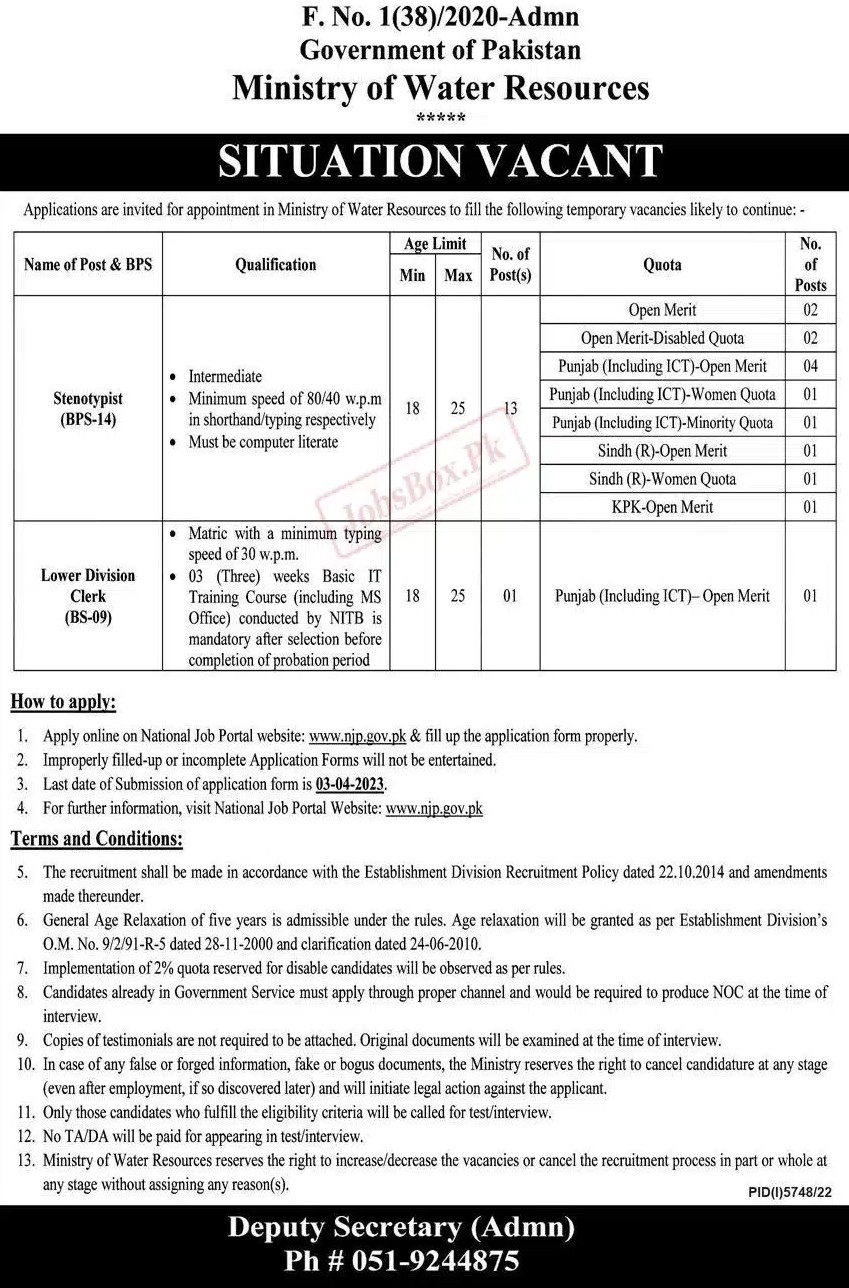 Ministry of Water Resources Jobs 2023–MOWR Online Applications Form