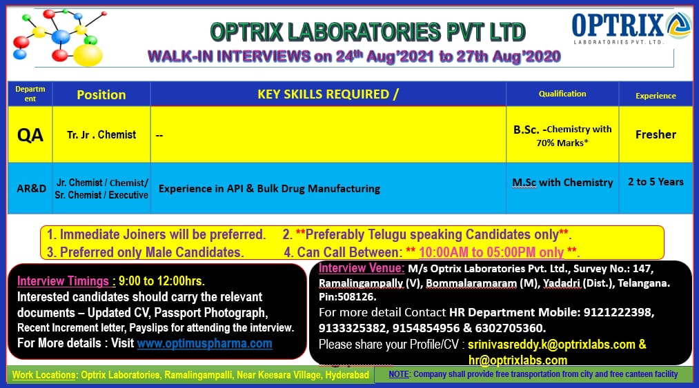 Job Availables, Optrix Laboratories Pvt. Ltd  Walk-In Interview for Freshers & Experienced in QC / AR&D