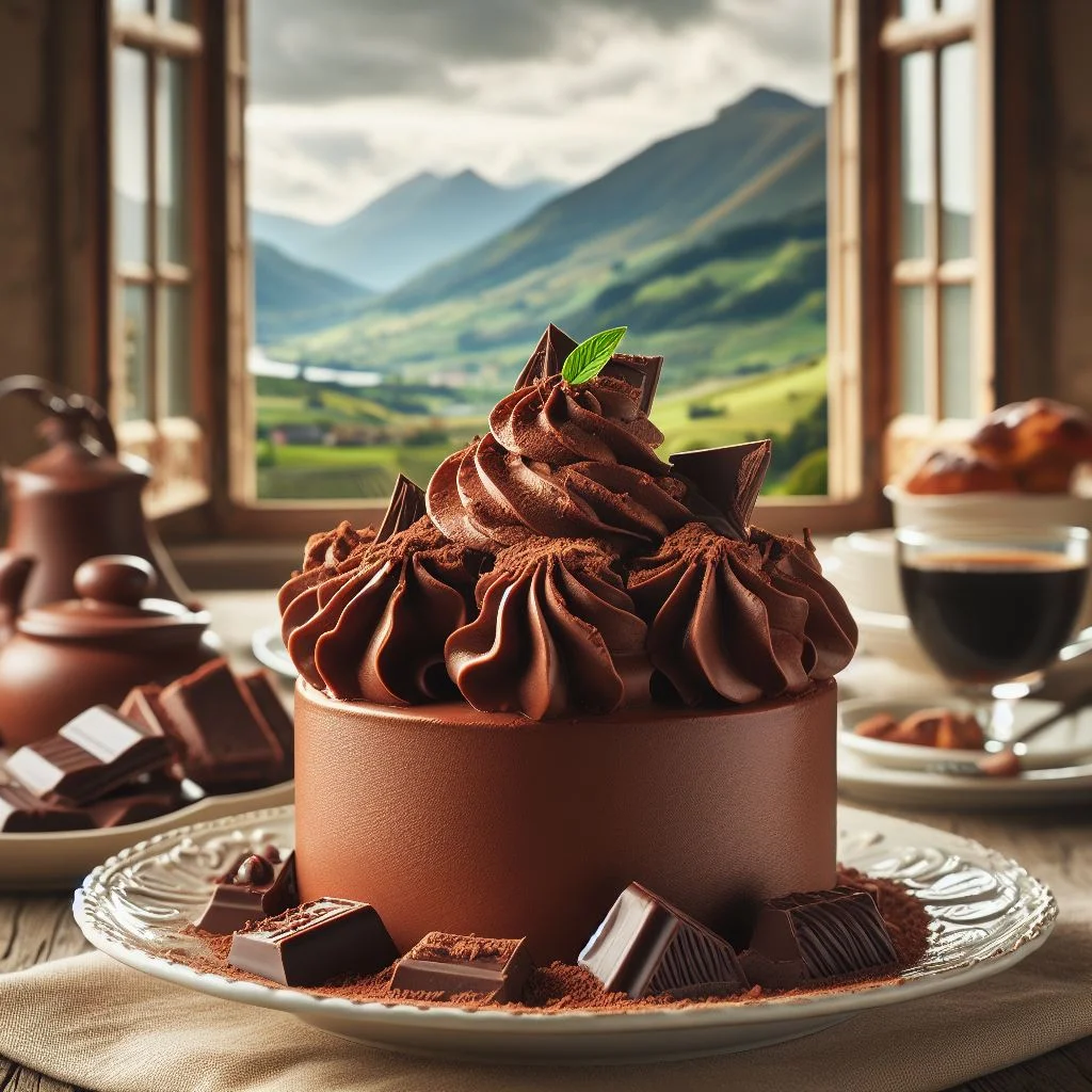 plato de mousse de chocolate frente a una ventana con vista al campo