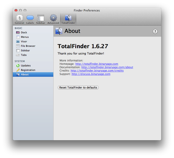Total Finder prefences and link to documentation