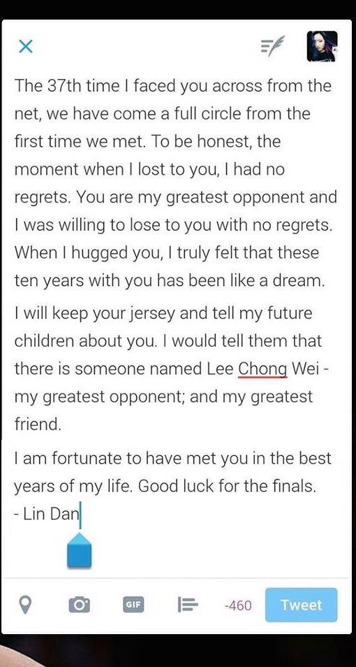 Surat Lin Dan Kepada Lee Chong Wei