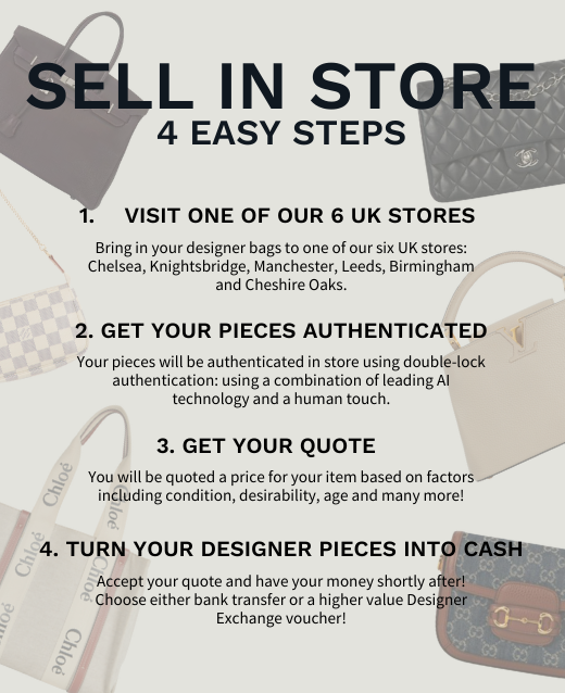 Graphic explaining our Sell in Store Process in four easy steps. Text reads: 1. Visit one of our 6 UK Store - Bring in your designer bagsto one of our six UK stores: Chelsea, Knightsbridge, Manchester, Leeds, Birmingham and Cheshire Oaks. 2. Get your pieces authenticated - Your pieces will be authenticated in store using double-lock authentication: using a combination of leading AI technology and a human touch. 3. You will be quoted a price for your item based on fcators including condition, desireability, age and many more! 4. Turn your designer pieces into cash - Accept your quote and have your money shortly after. Choose either bank transfer or a higher value Designer Exchange voucher