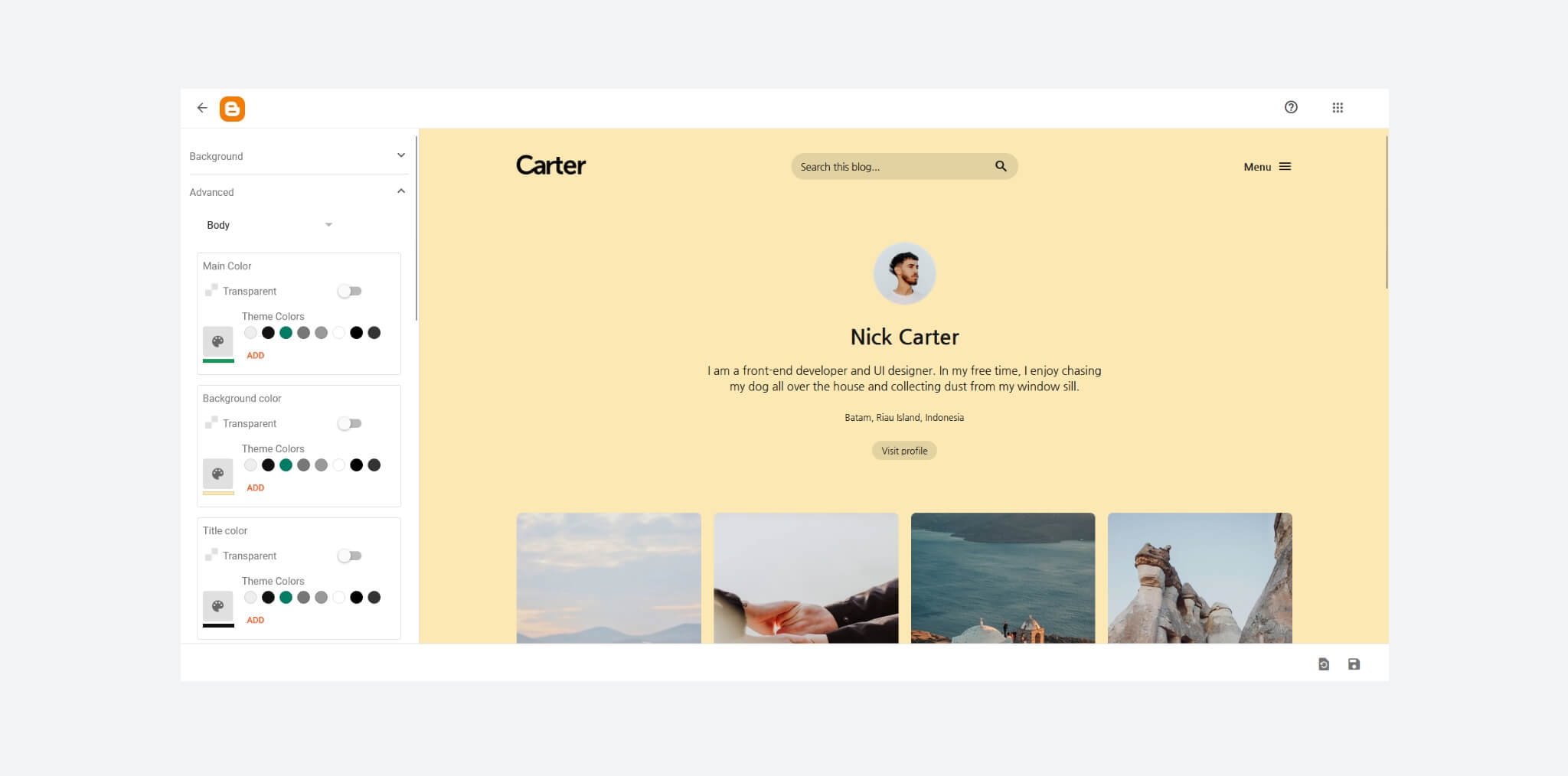 Customize Carter Blogger theme easily. wide image