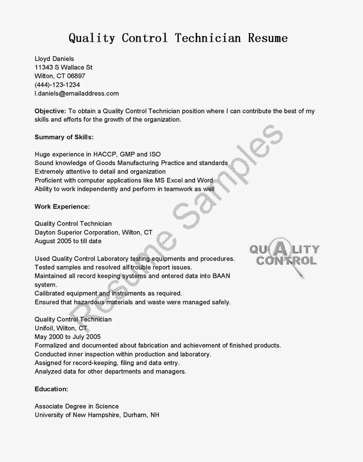 Quality Control Technician Resume Sample