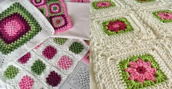 Mantas tejidas al crochet con grannys en tonos green & pink