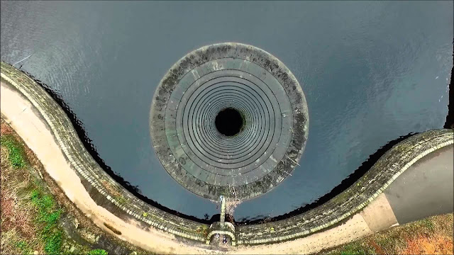 ladybower reservoir, plug hole, derbyshire england dam, godzilla bathtub drain, ladybower reservoir derbyshire england, bellmouth spillway