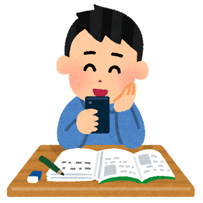 勉強中にスマホを使う人のイラスト（男性）