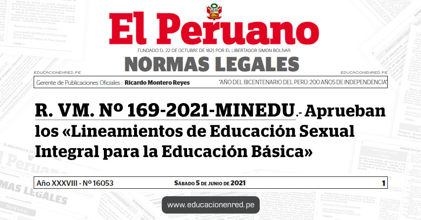 R. VM. Nº 169-2021-MINEDU.- Aprueban los «Lineamientos de Educación Sexual Integral para la Educación Básica»