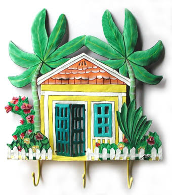 wall hook shaped like Caribbean house, with palm trees