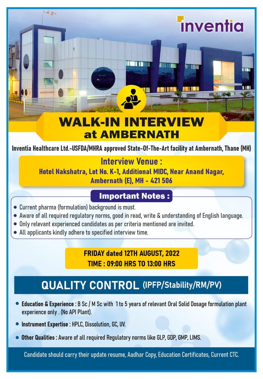 Job Available's for Inventia Healthcare Ltd Walk-In Interview for BSc/ MSc