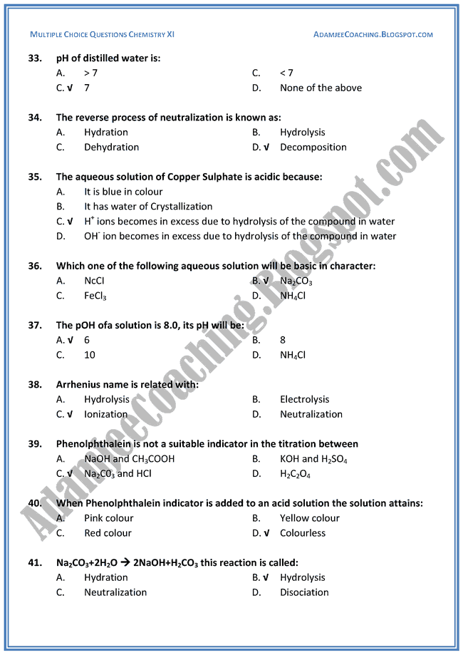 XI Chemistry MCQs - Solution And Electrolytes