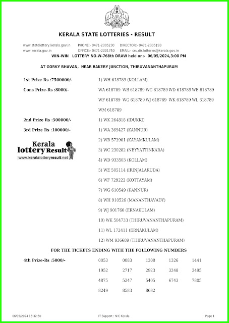 Off:> Kerala Lottery Result; 06.05.2024 Win Win Lottery Results Today "W-768'