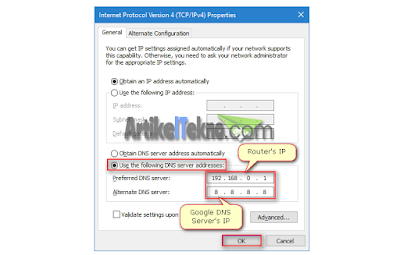 Isikan DNS pada Adapter jaringan Anda