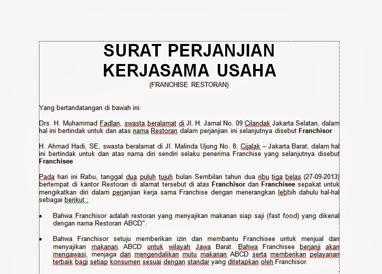 [.doc] CONTOH SURAT PERJANJIAN KERJASAMA USAHA (BISNIS 