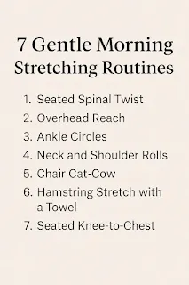 Text-based digital graphic displaying the title "7 Gentle Morning Stretching Routines" with a calm background designed for seniors' health and wellness.