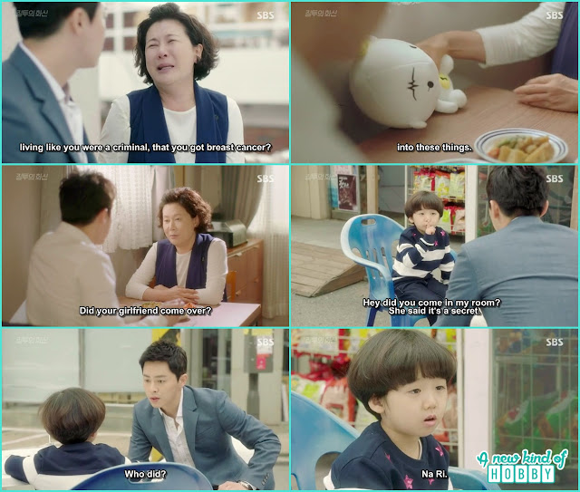 hwa shin mother came cried a lot cook a hearty meal and told if his girfriend come over and hwa shin take the soft toy and ask bum did he come in his room and bum told na ri told me not to tell anyone  - Jealousy Incarnate - Episode 13 Review