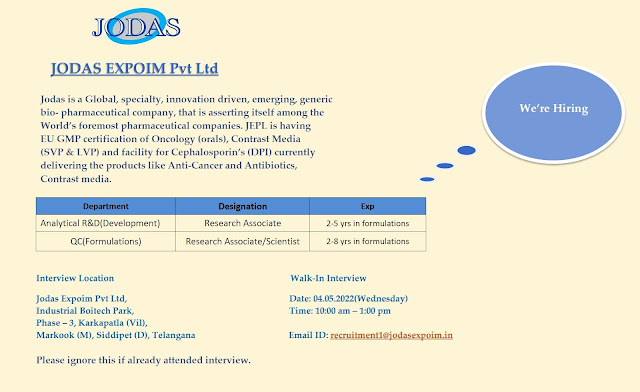 Walk-In Interview for Quality Control / Analytical R&D on 4th May’ 2022 @ Jodas Expoim Pvt. Ltd AndhraShakthi - Pharmacy Jobs
