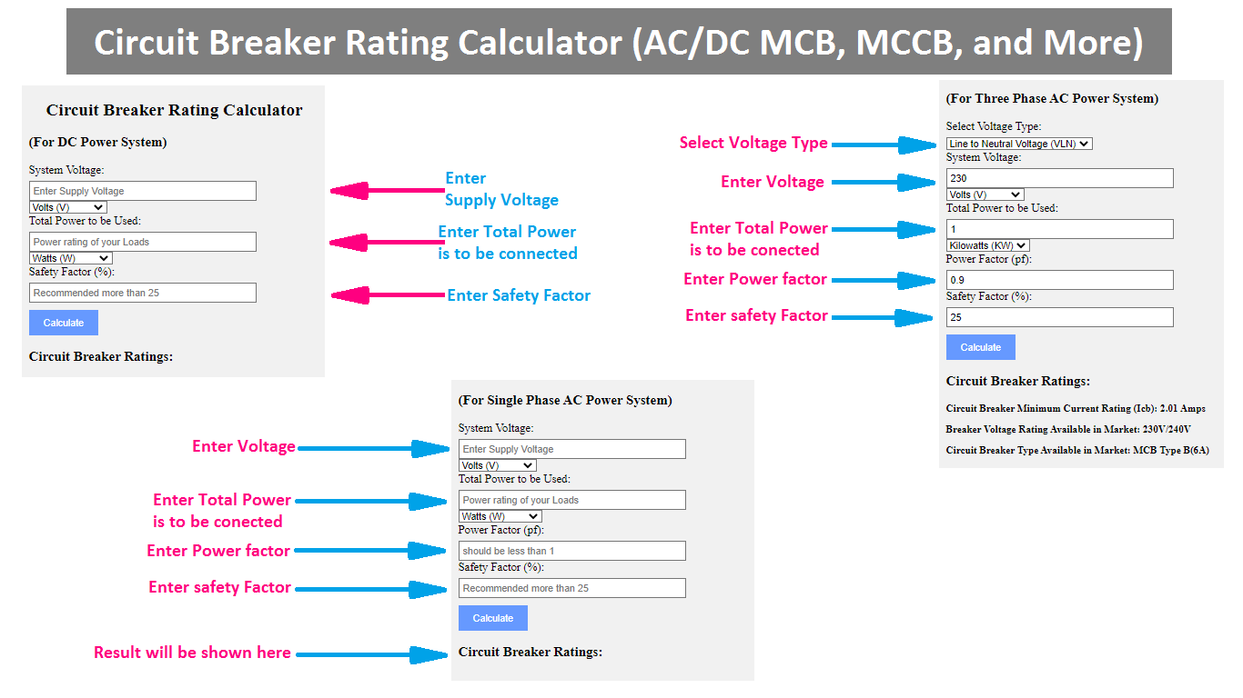 Circuit Breaker Rating Calculator (AC, DC MCB, MCCB, and More)
