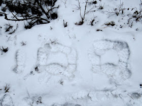 number 100 in snow with boot prints