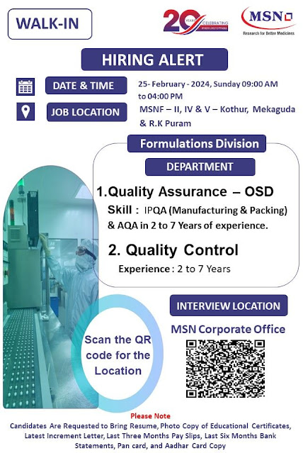 MSN Walk In Interview For QA and QC Department