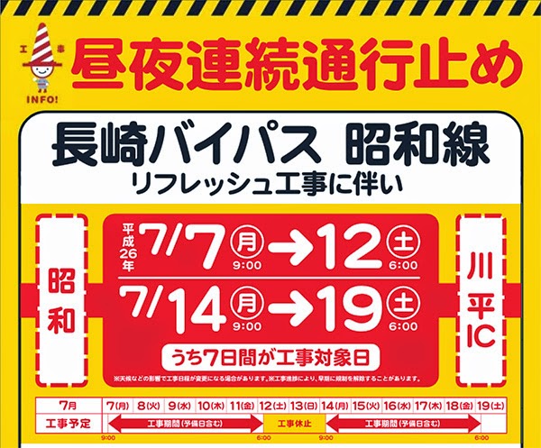 川平インターチェンジ（IC）～昭和町間で、リフレッシュ工事実施のため、昼夜連続通行止め