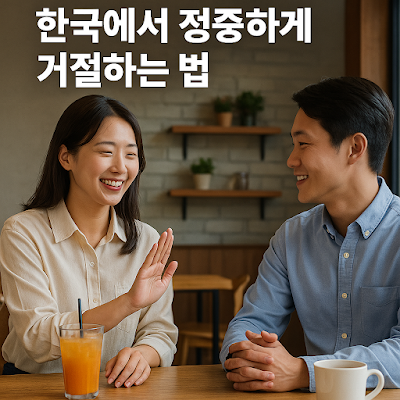 A Korean person politely refusing an offer with a gentle smile in a social setting, showing cultural etiquette