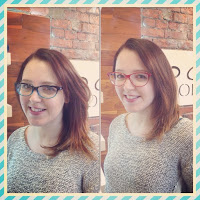  Bethan with her bespoke frames, before and after.