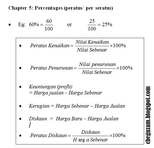 Nota Matematik Tingkatan 1  Bab 5 : Peratus (Percentage 