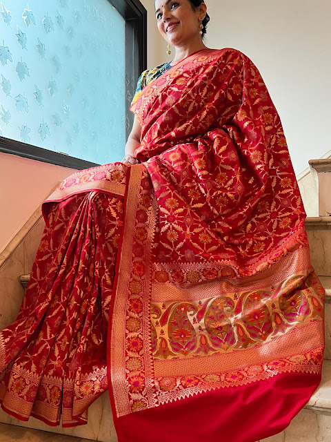 Red Banarasi silk saree