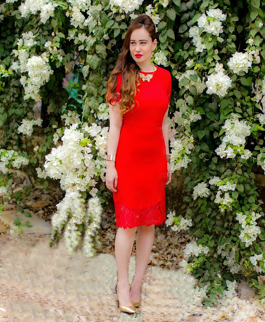 Red pencil dress with lace