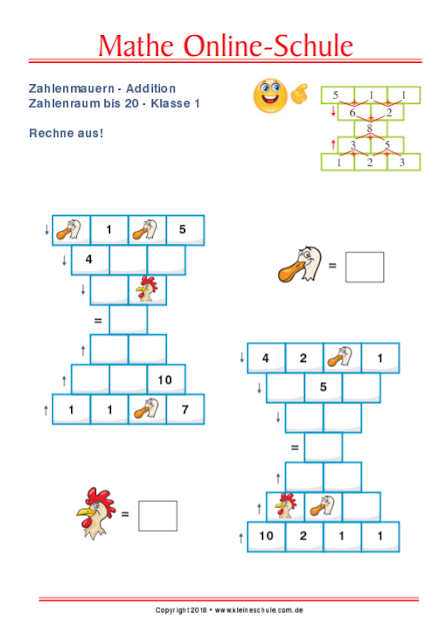 Matheaufgaben für 1. Klasse Grundschule Gemischte Aufgaben