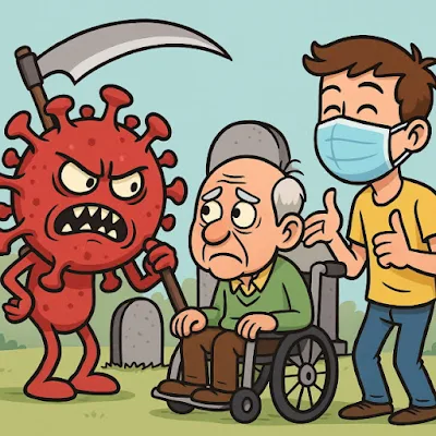 A cartoon-style illustration of a red, angry virus holding a scythe facing an anxious elderly man in a wheelchair, while a cheerful young man wearing a mask laughs and gives a thumbs up.