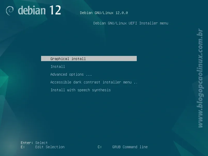 Tela de boot do Debian 12 'Bookworm' em computadores com UEFI