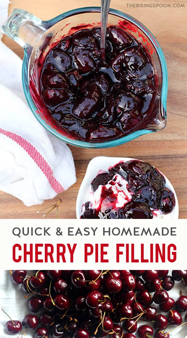 An easy recipe for homemade cherry pie filling you can fix on the stovetop in only 30 minutes using simple ingredients like dark sweet cherries, lemon zest + juice, vanilla extract, and your favorite sweetener (mine is coconut sugar or maple syrup). Use the from-scratch filling for summer desserts like cherry pie, cobbler, crisp, turnovers, hand pies, ice cream sundaes, cheesecake, thumbprint cookies, danishes & milkshakes. (gluten-free & dairy-free)