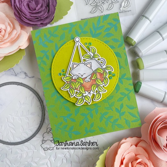 Hang in There Card by Farhana Sarker | Newton Hangs Out Stamp Set, Circle Frames Die Set and Falling Leaves Stencil by Newton's Nook Designs #newtonsnook #handmade