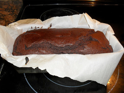 Pumpkin chocolate bread in a parchment paper-lined tin