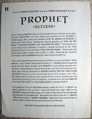 Prophet press release for the 1991 Recycled album